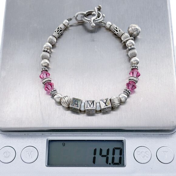 Vintage Silver Tone Pink Crystal "Amy' Name Bracelet 6.75" - Picture 4 of 4